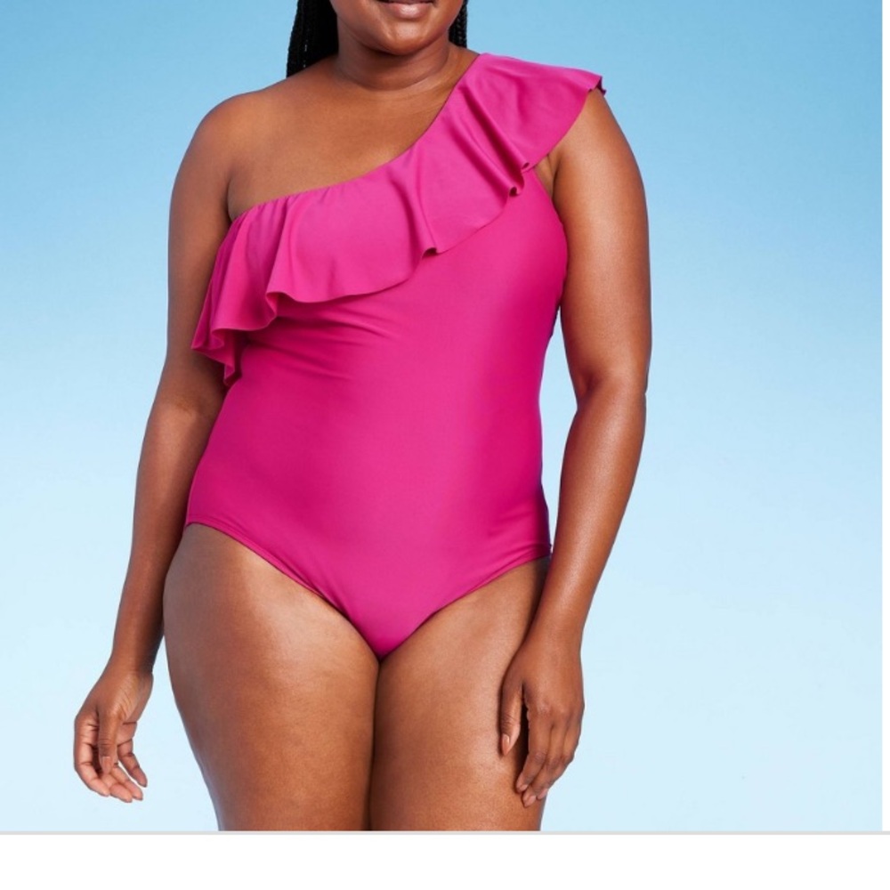 Women's Ruffle One Shoulder Full Coverage One Piece Swimsuit - Kona Sol™ Pink XL